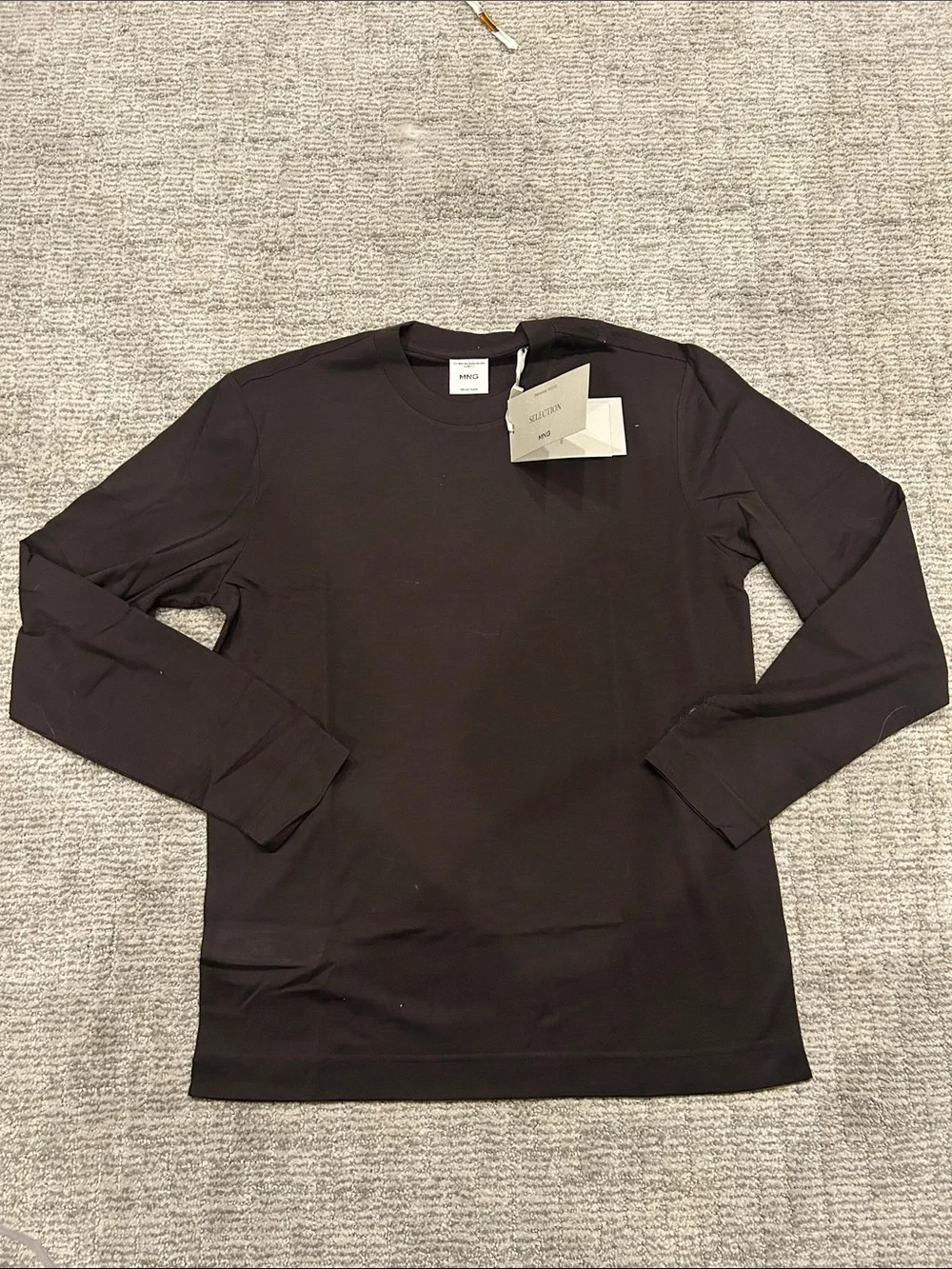 Mango 100% cotton wool blend long sleeve crew neck shirt in brown XS